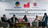 Panel debating at a conference for Socdem Asia
